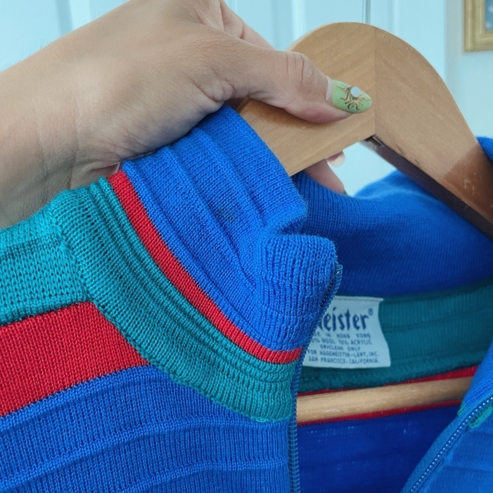 Vintage Colorblock Meister Sweater Blue/Green/Red 1/4 Zip Mock Collar Size L - Picture 6 of 6